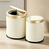 URALFA 2Pack Bathroom Trash Can with Lid, Automatic Motion Sensor Trash Can | 2.8 &amp; 3.7 Gallon Bathroom Garbage Can Touchless, Smart Waterproof Trash Bin for Bedroom, Office, Cream White and Gold