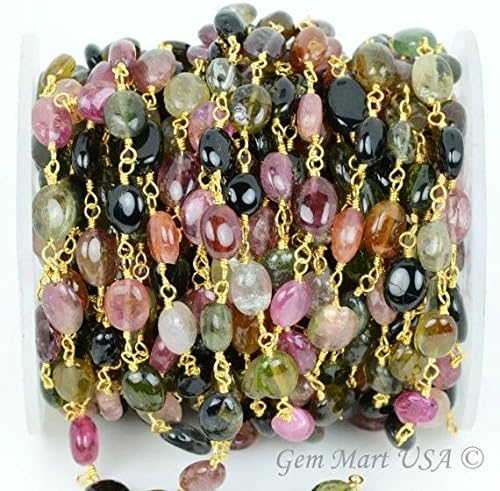 Wholesale One Foot Beautiful Tourmaline,7x5mm Oval 24k Gold Plated wire wrapped Rosary chain by foot. (GPMT-30004)