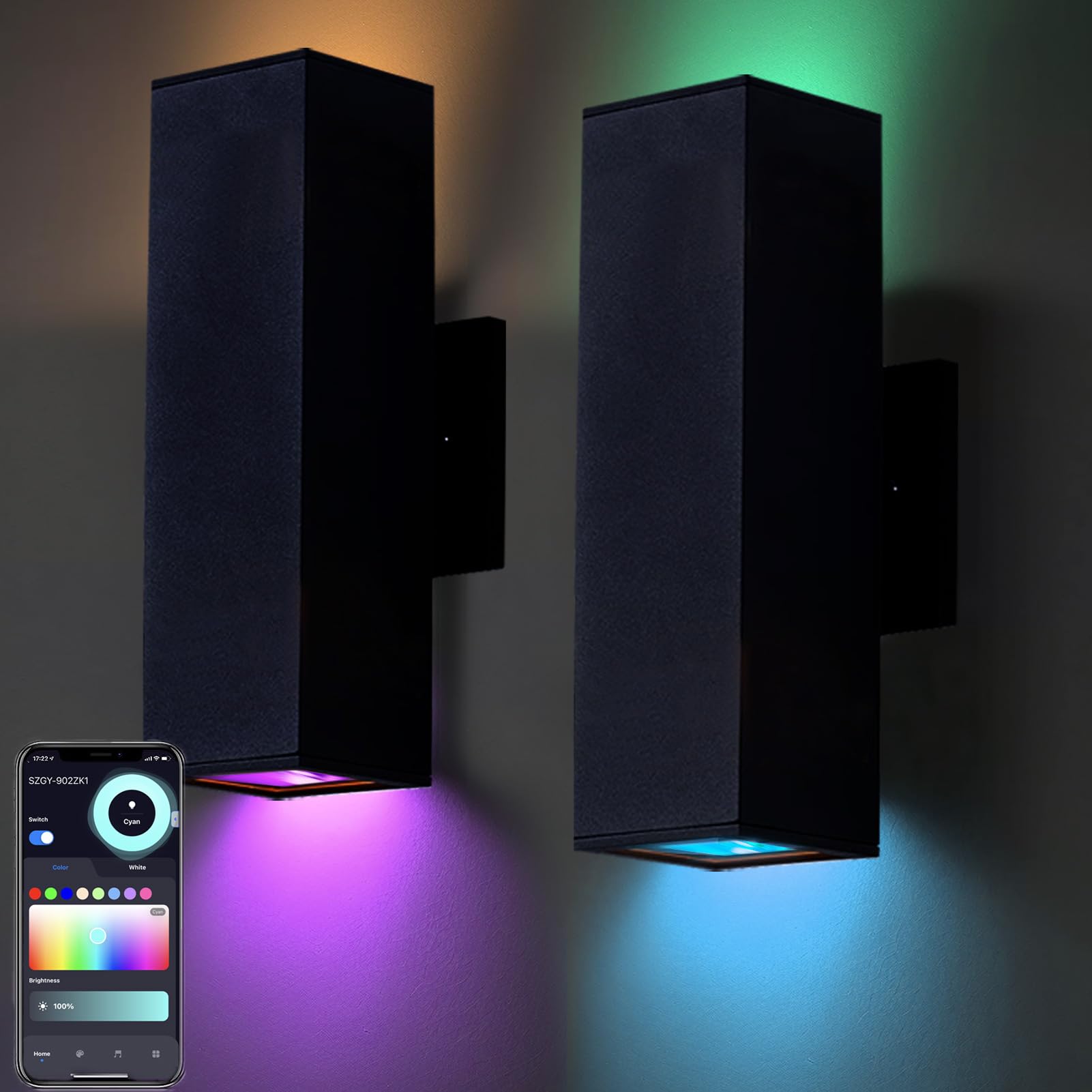 Photo 1 of rosykite Tunable White Exterior Wall Light Fixtures 1200lm, RGB Color Up Down Outdoor Lights 2 Pack,Modern Dusk to Dawn Outdoor Lighting - Smart Outside Wall Lights for Garage,Porch?UL Listed