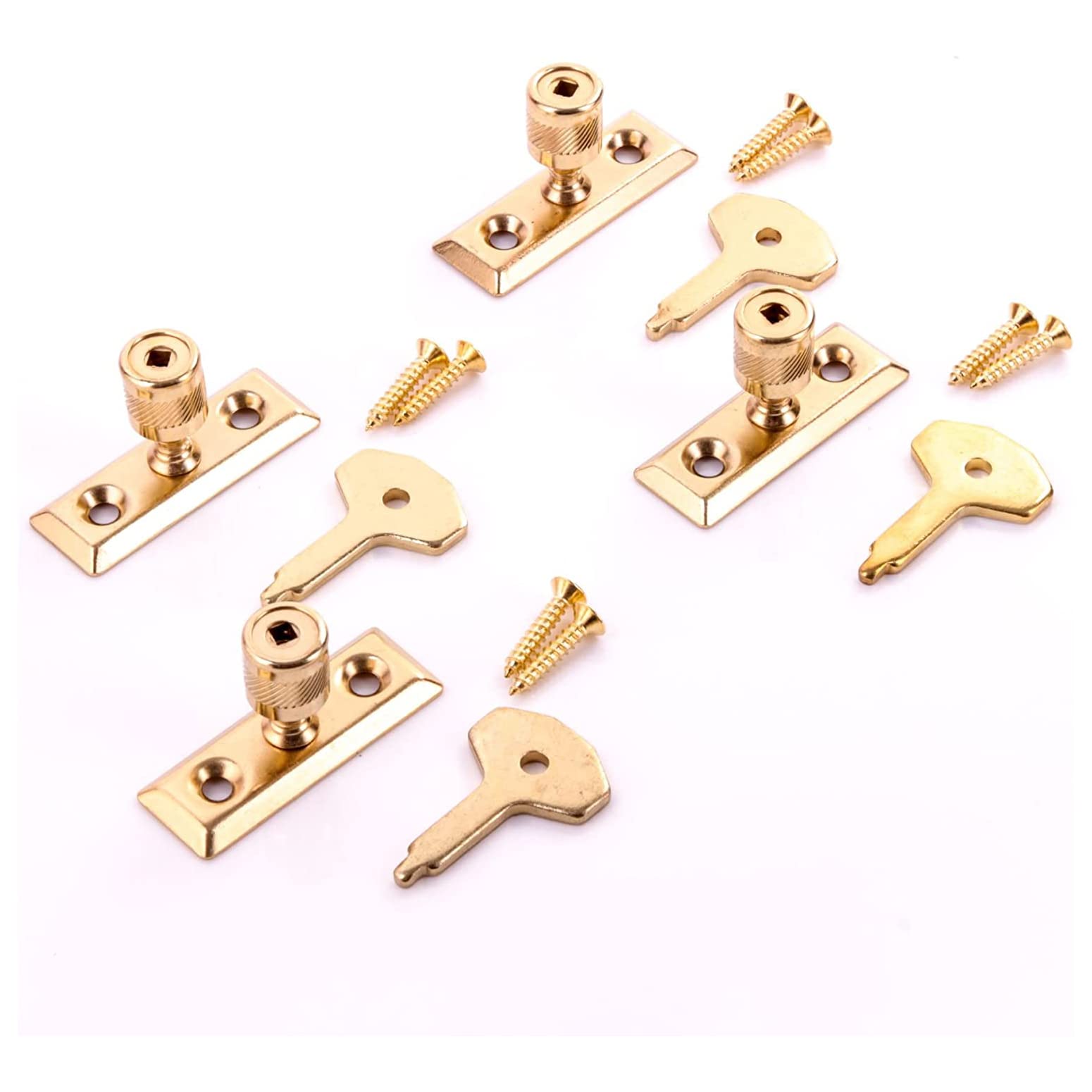 Brass Plated Window Stays with Keys Locking Casement Window Stay Pin Wooden Frame Casement Lock Turn Latch Window Victorian Design Casement Window Fixture with Fixing Pack of 4.