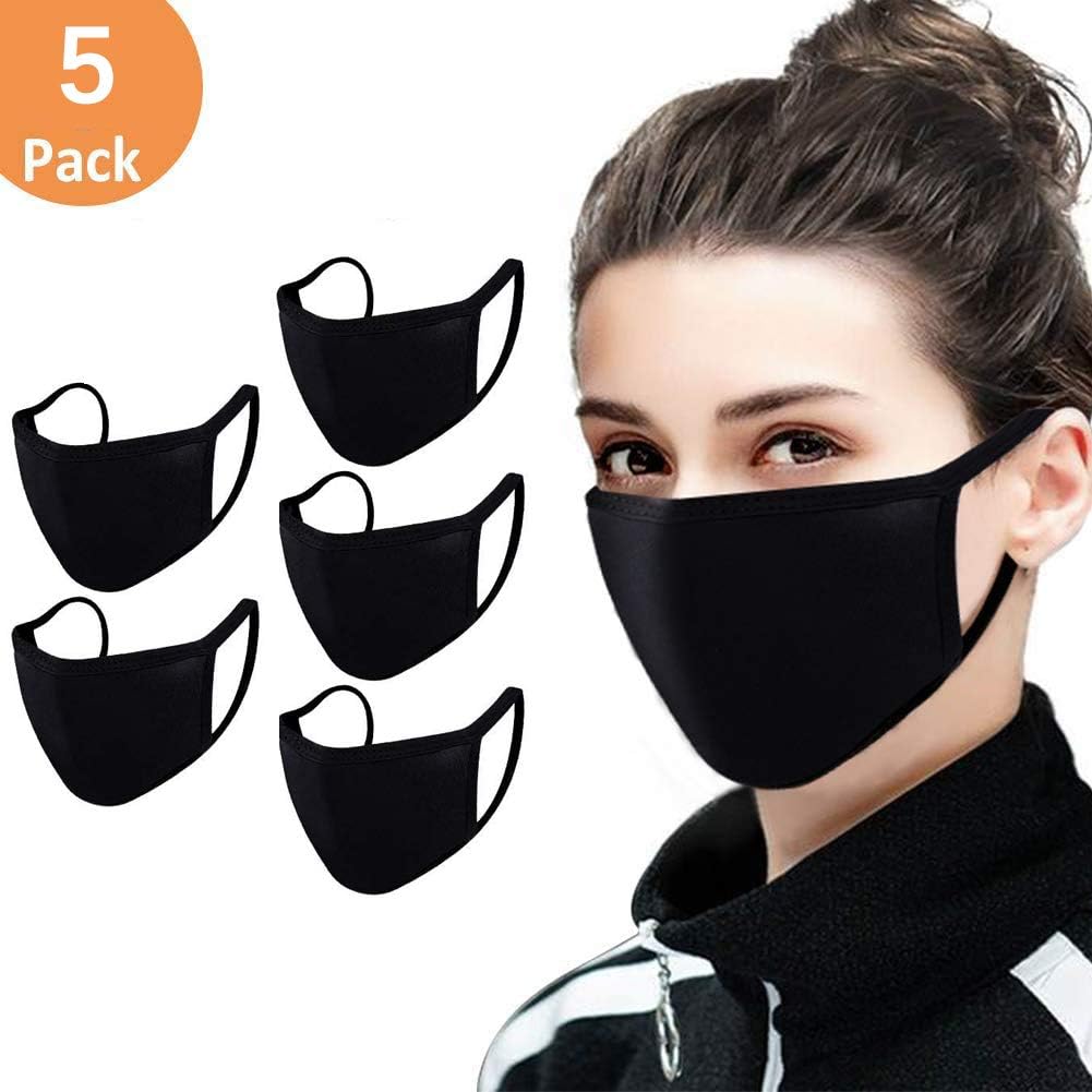 5 Pack Unisex Mouth Mask Adjustable Anti Dust Face Mask,Black Cotton Mouth Mask Muffle Mask for Cycling Camping Travel,100% Cotton Washable Reusable Cloth Masks