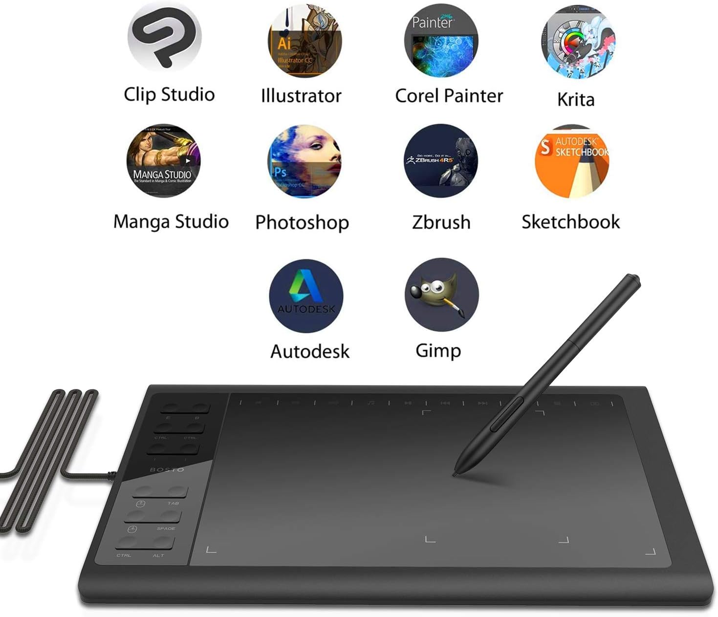 Amazon Bosto ペンタブレット ペンタブ 10x6インチ 携帯接続可 電源不要ペン 8192レベル筆圧 カスタマイズ エクスプレスキー12個 Windows Mac対応 イラスト入門用 Bosto ペンタブレット 通販