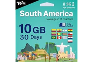 TSIM South America SIM Card 30 Day-10GB | Multi-Operator 5G/4G Network (Hotspot Allowed) | Use in Brazil, Chile, Colombia, Ar
