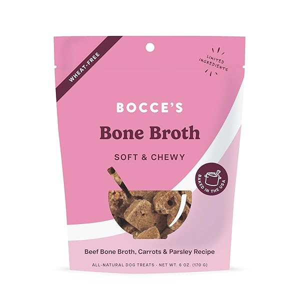 BOCCE’S BAKERY OVEN BAKED BONE BROTH TREATS FOR DOGS, WHEAT-FREE EVERYDAY DOG TREATS, MADE WITH REAL INGREDIENTS, BAKED IN THE USA, ALL-NATURAL BISCUITS, BEEF BONE BROTH, CARROTS, & PARSLEY, 5 OZ
