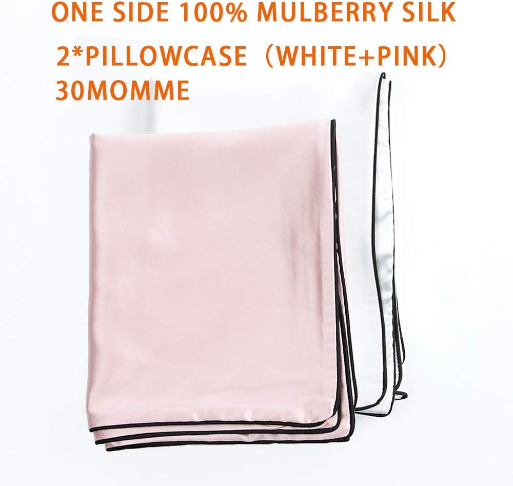 Yuyifei 100% Pure Mulberry Silk Pillowcase 19 Momme 600 Thread Count for Hair and Skin with Envelope Closure, Hypoallergenic Soft Breathable Silk Pillow Case 1 PC(Queen Size 20"x30") (Pink+White)