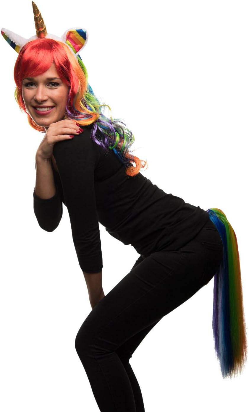 Balinco Unicorn Costume Set: Rainbow Unicorn Wig, Headband, Ponytail for Adults Unisex, Carnival & Fancy Dress