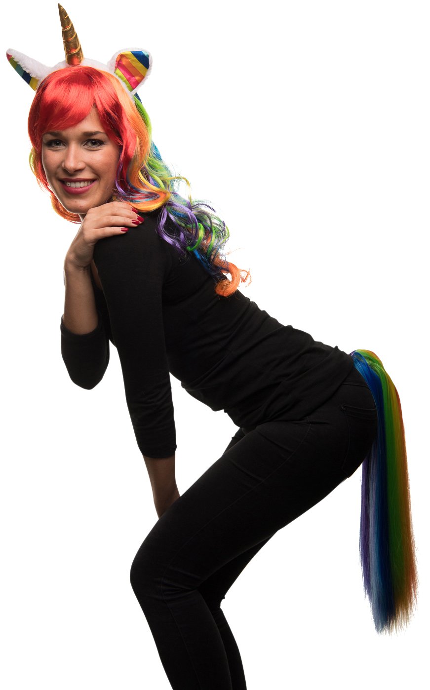Balinco Unicorn Costume Set: Rainbow Unicorn Wig, Headband, Ponytail for Adults, Unisex, Carnival & Fancy Dress