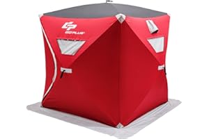 Goplus 2-4 People Ice Fishing Shelter, Pop-up Portable Ice Fishing Tent with Carrying Bag, Windows, Zippered Door, Ground Nail and Wind Rope, Insulated Ice Shanty House for Winter Fishing, Red
