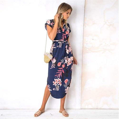 LitBud Womens Midi Dresses Summer V-Neck Short Sleeve Casual