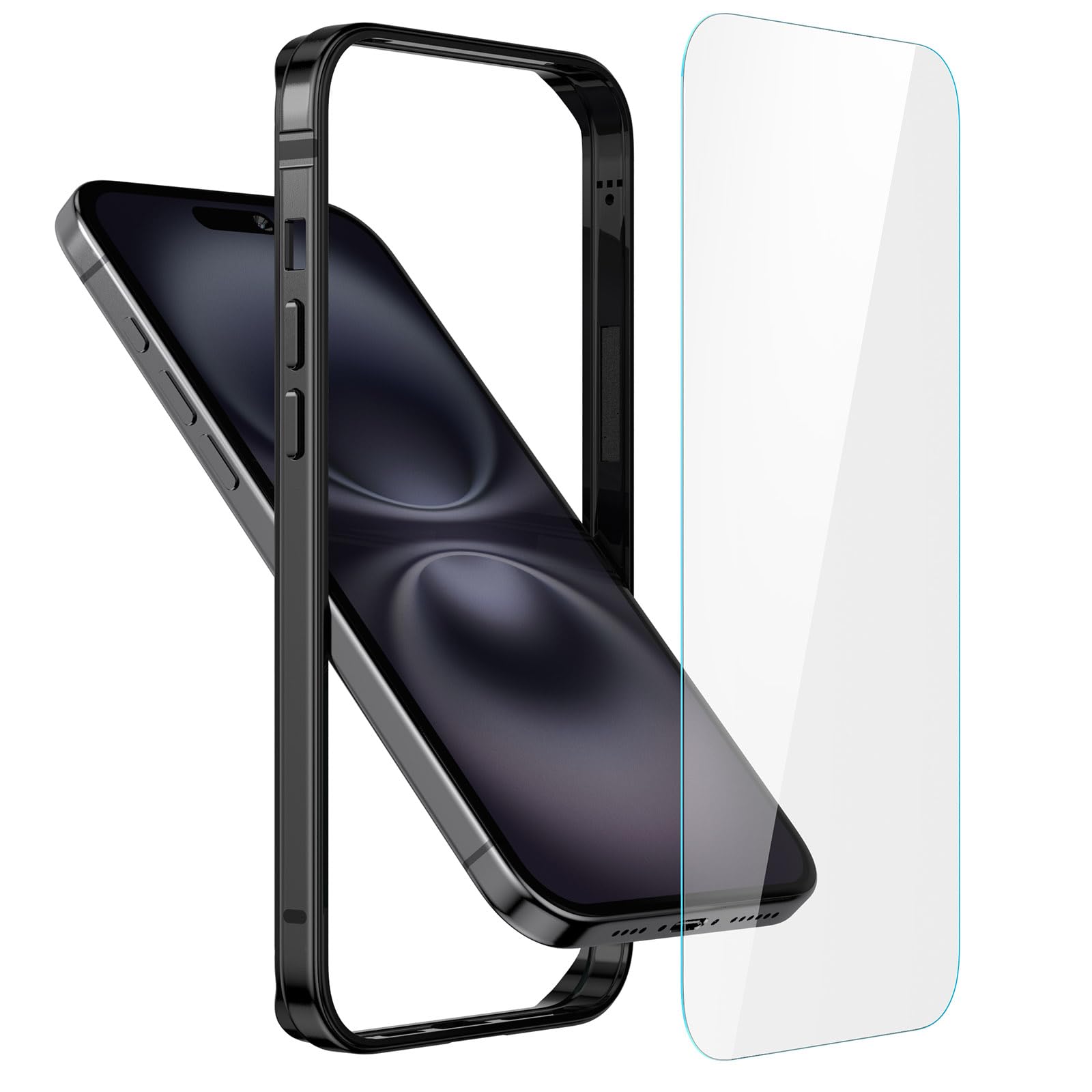 Aluminum Frame Slim Case with Soft Inner Bumper & Raised Edge Protection - Shockproof Bumper with HD Tempered Glass Screen Protector for iPhone 16 6.1 inch, Black