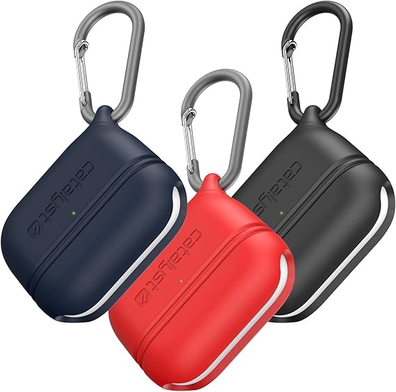 Amazon Com Catalyst 3 X Waterproof Cases For Airpods Pro Skin For Apple Airpods Pro Charging Case Shockproof Protective Cover Soft Skin Carabiner Silicone Compatible Wireless Charging Black Blue Red
