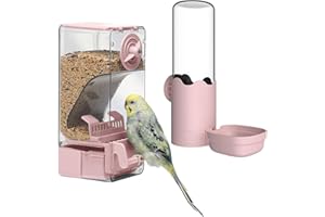 SEPTILLAR No Mess Bird Feeder Water Dispenser Set, Automatic Cage Feeder with Perch for Seed Parakeet Canary Cockatiel Finch Budgies Cage Accessories (Pink)