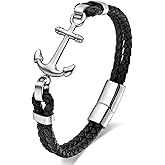 BIYONGDE Mens Nautical Anchor Bracelet, Black Braided Leather with Silver Stainless Steel Anchor Sailor Bracelet for Men, Classic and Elegant Style