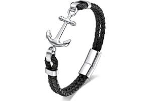 BIYONGDE Mens Nautical Anchor Bracelet, Black Braided Leather with Silver Stainless Steel Anchor Sailor Bracelet for Men, Classic and Elegant Style