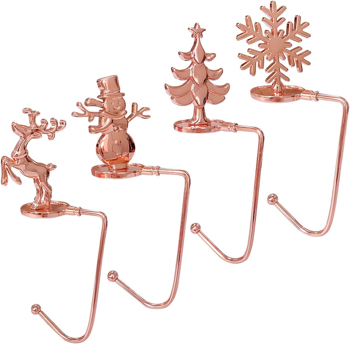 Ornament Hooks - ORNACELE Set of 4 Christmas Stocking Holder, Snowman, Reindeer, Christmas Tree & Snowflake Anti-Skid Metal Hanger Clip, Adjustable Multi-Use Stocking Hooks for Christmas Party Decorations (Rose Gold)