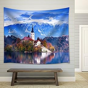 Bled with Lake, Island, Castle and Mountains in Background, Slovenia, Europe - Fabric Wall Tapestry Home Decor - 51x60 inches