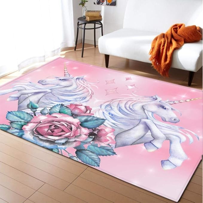 LLAAIT Einhorn 3D gedruckt Teppich Cartoon Kind Schlafzimmer Spielmatte