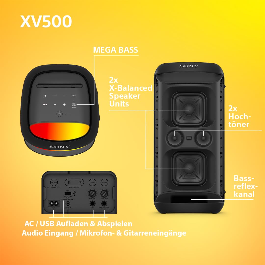 Sony SRS-XV500 - Kabelloser Bluetooth-Partylautsprecher mit kraftvollem Sound und MEGA BASS - 25 Stunden Akkulaufzeit, tragbar, LED-Beleuchtung, Party Connect, IPX4, Karaoke-Mikrofoneingänge - Schwarz 5