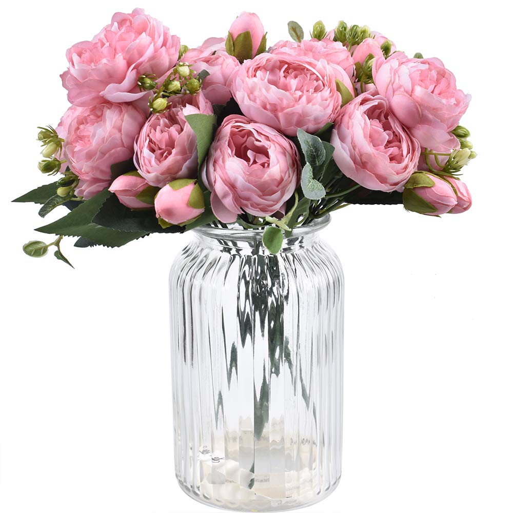 XONOR 4 Bouquets Artificial Peony Silk Flowers Fake Glorious Flower for Wedding Party Bridal Home Decoration, 5 Forks, 9 Head (Pink)
