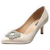 ERIJUNOR Women's Pumps Low Heel Rhinestone Brooch Satin Evening Dress Wedding Shoes