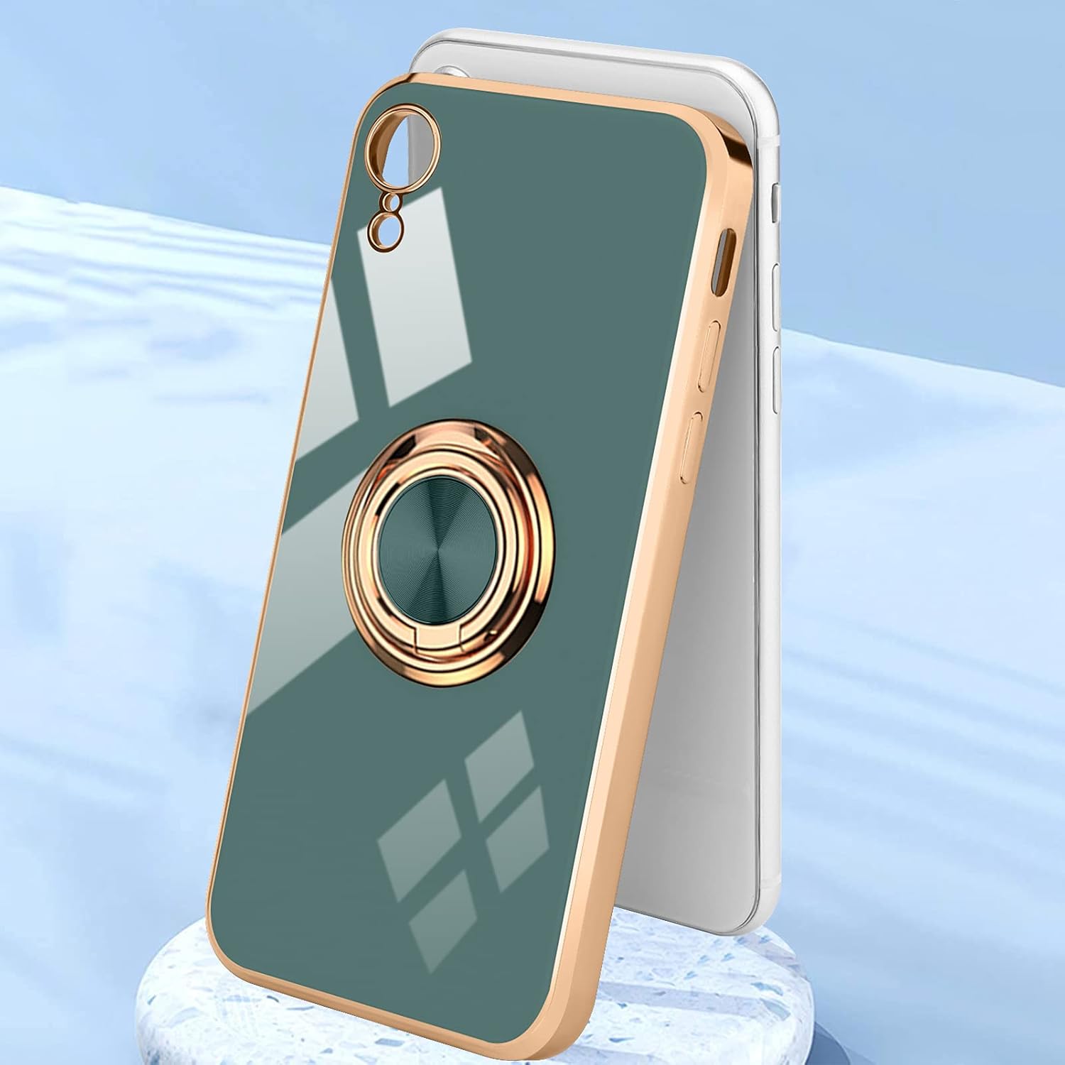 Urarssa Compatible with iPhone Xr Case, Finger Ring Holder Case Rose Gold Plating Design for Women Girls Rotating Holder Kickstand Magnetic Shockproof Soft TPU Bumper Cover Case, Grey