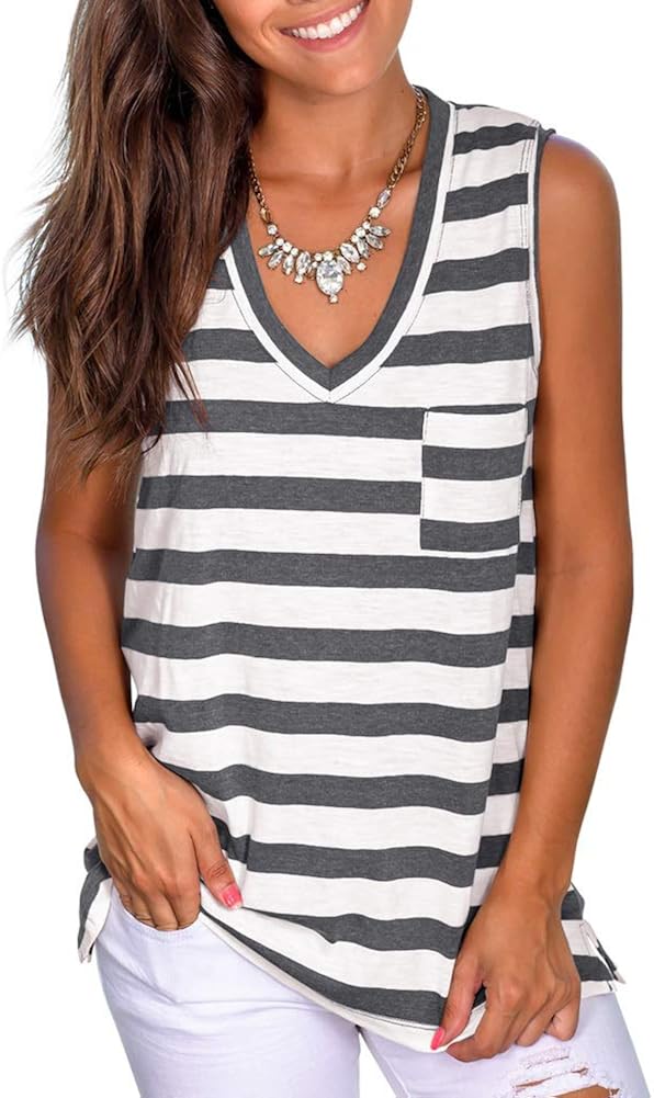 Berryou Womens Sleeveless Tops Summer Casual Tanks V Neck Stripes Tank Tops