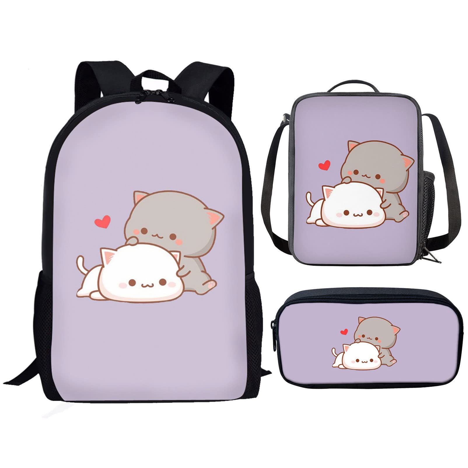 HUIACONG Cat Cute School Backpacks for Kids Teen Girls Rucksack Elementary School Bookbag with Lunch Box Pack Pencil Cae Set of 3,Purple