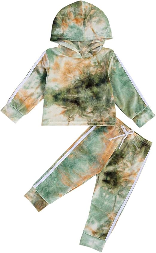 Baby Boys Girls Tie Dye Velvet Hooded Sweatsuit Tracksuit 2Pcs Long