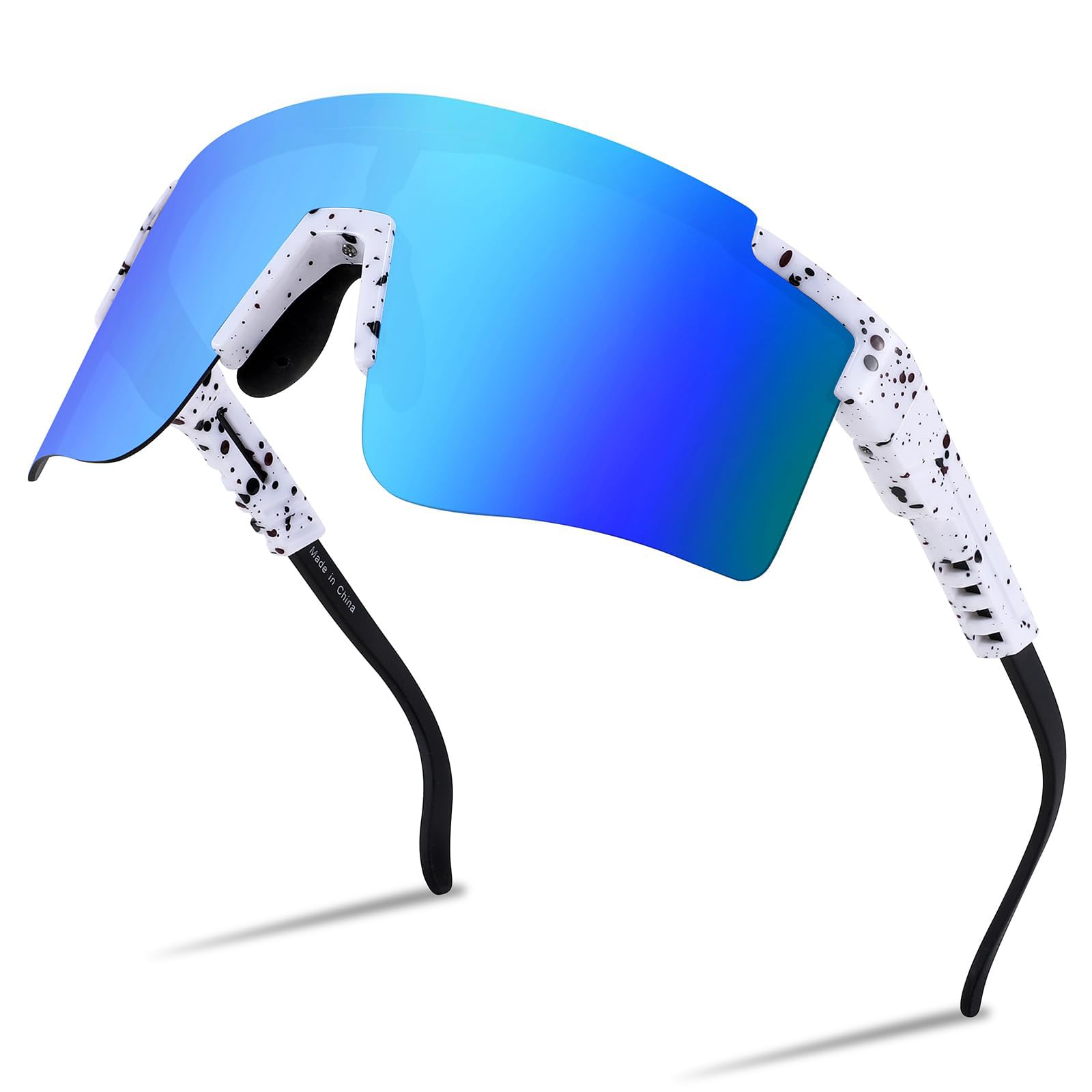 FEISEDY Cycling Sunglasses for Men Women UV400 Protection Outdoor Sports Running Hiking Fishing Biking Glasses B2837, White Frame & Blue Mirror