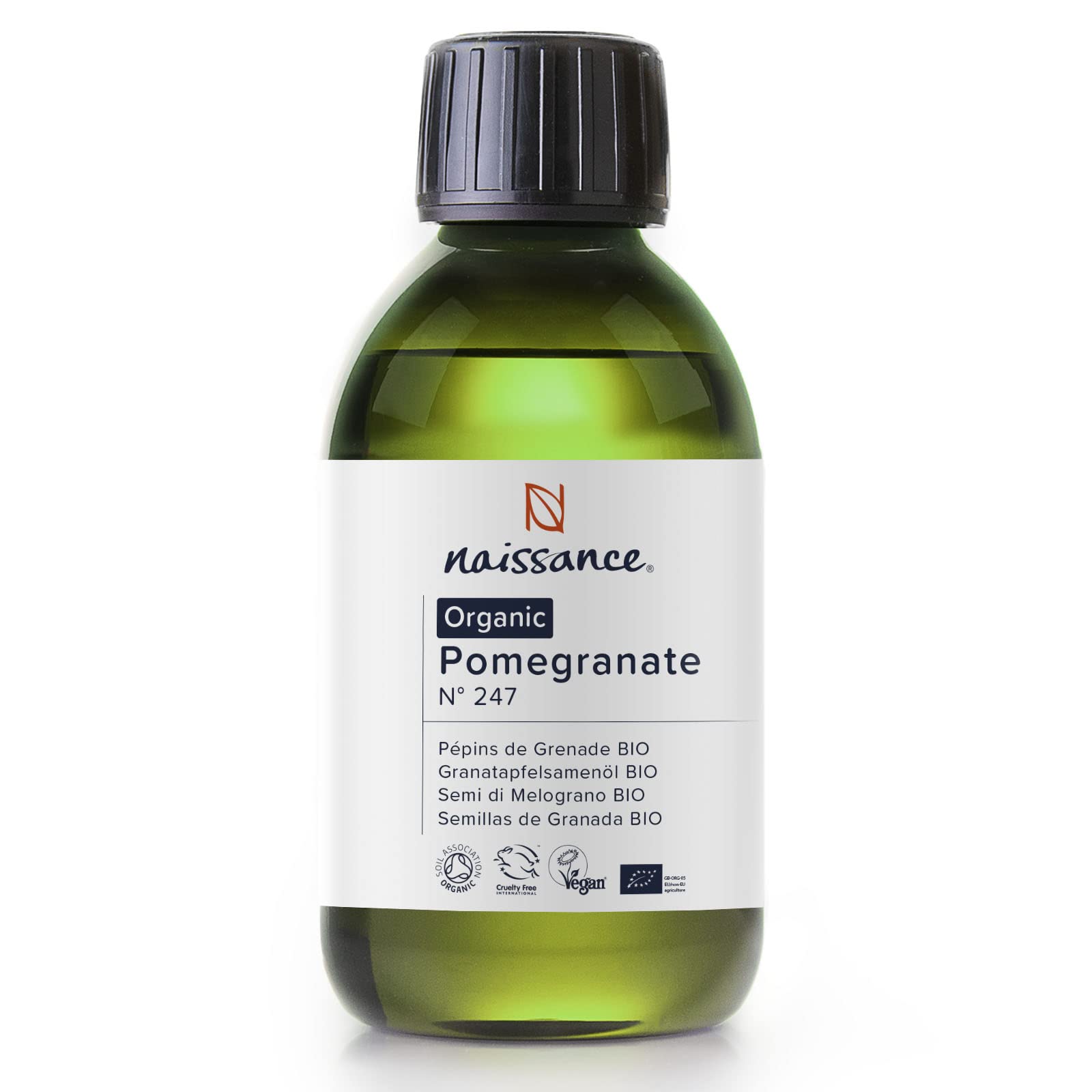 Naissance Organic Pomegranate Seed Oil (No. 247) - 225ml - Pure, Unrefined, Certified Organic, Cold Pressed - Ideal for Dry Skin, Body, Face, Hair Care - Natural Moisturiser, Nourishing