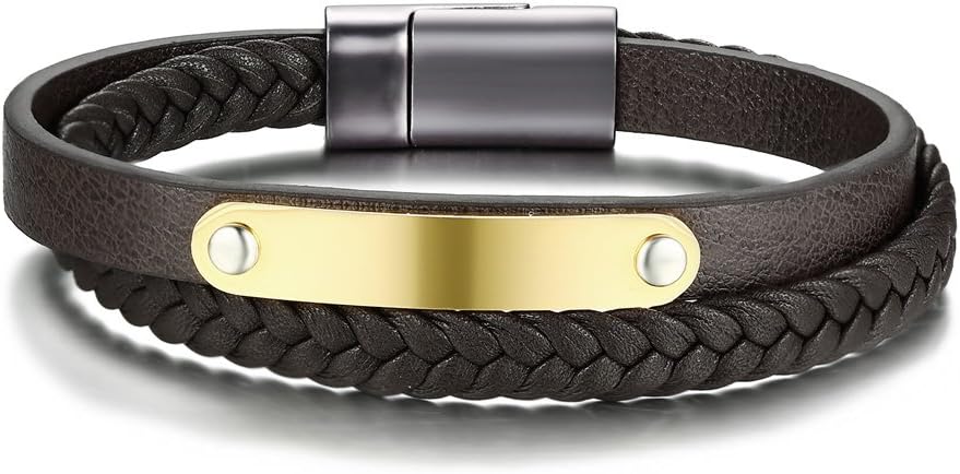 XUANPAI Personalized Braided Double Layer Genuine Leather Bracelet Identification Tag Wrap Bracelet