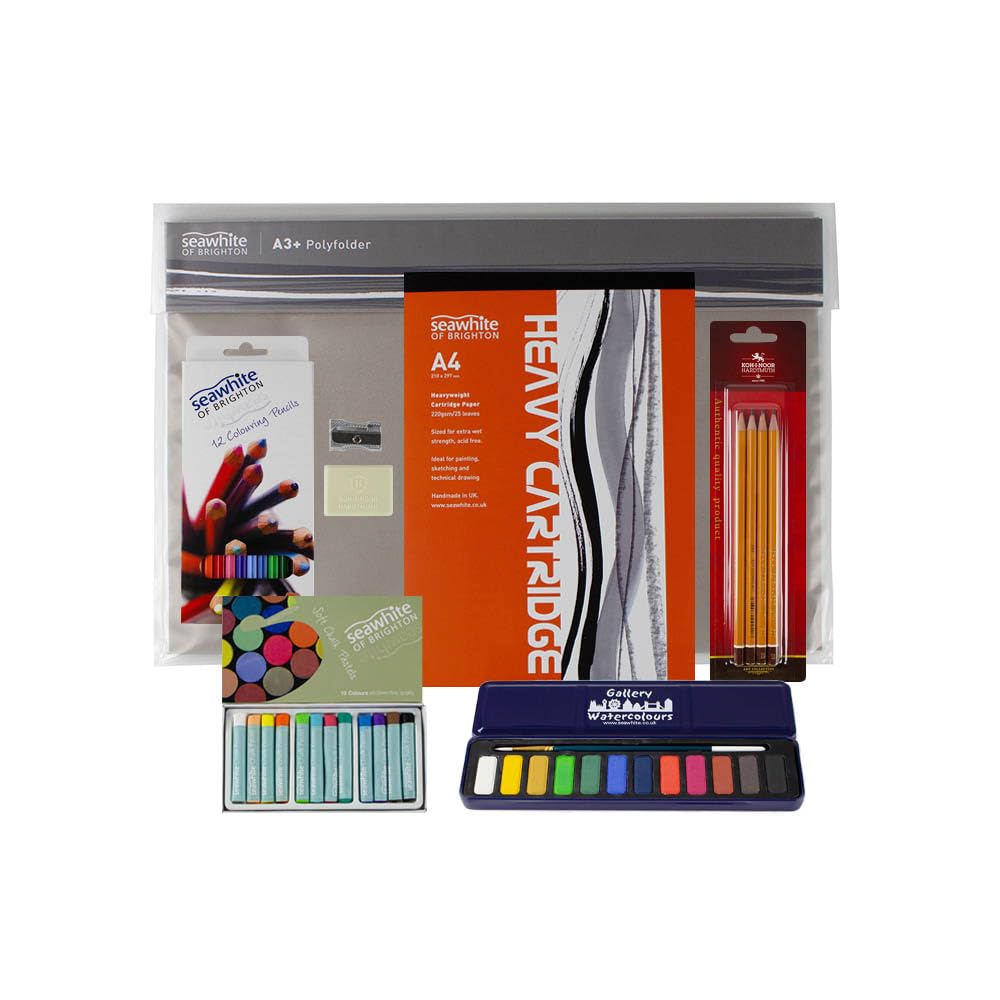 Seawhite of Brighton Mixed Media Art Set, A4 Pad with Watercolour Tin, Soft Chalk Pastels, Seawhite Colour Pencils, Putty Rubber and Sharpener in A3+ Polyfolder
