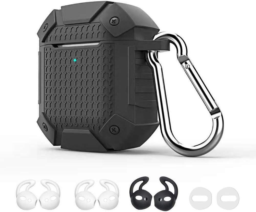 Airpods Case, Airpods Case Silicone Accessories Set(Front Led Visible) Compatible with AirPods Charging Case 2 & 1, Airpods Cover Case with Keychain, 4 Ear Hooks(Black and White)
