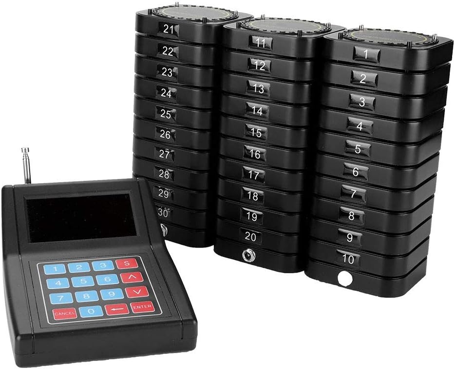 Restaurant Wireless Paging System, Call Coaster Pagers, Connection Guest Waiting Pager, with Transmitter and 30Pcs Reciever, for Restaurant Food Truck Cafe Shop(Black)