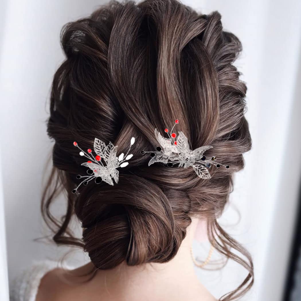 Edary Bride Wedding Hair Pins Silver Butterfly Bridal Headpieces Wedding Black Crystal Bridal Hair Accessories for Women and Girls（2 Pcs）