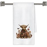 Chicimln Boho Floral Highland Cow Kitchen Towels, Highland Cow Gifts for Women Decorative Hand Towels for Bathroom, Flower Heifer Dish Tea Towel Drying Cloth for Kitchen Decor, 16x24 Inch