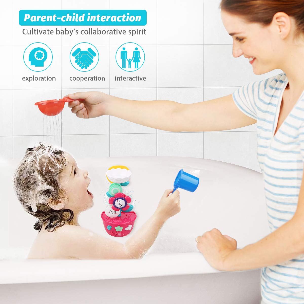 Bath Toys Toddlers Bathtub Toy Flower Bath Toy for Babies Kids 1 2 3 Year Old Girls Boys Bath Wall Toy 1 Mini Sprinkler 2 Toys Cups Fill Flow and Spin with Strong Suction Cups Color Box Gift Ideal