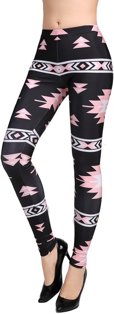 Idingding Digital Printing Soft Fashion Tights Skinny Elastic Leggings Pants, Black pink geometry, S