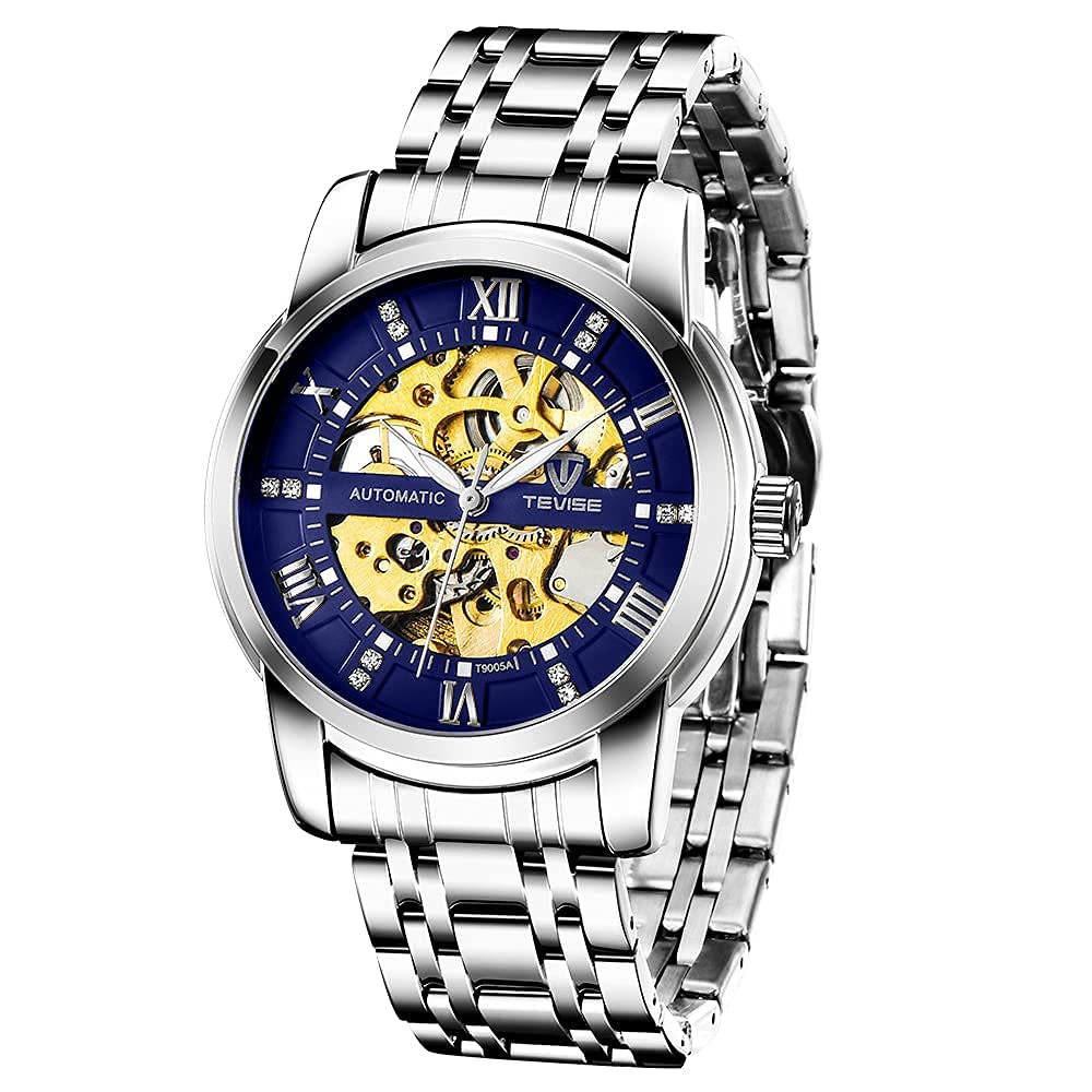 Dentily Men's Watch Mechanical Stainless Steel Skeleton Automatic Waterproof Business Watches for Men…, silverblue, Mechanical