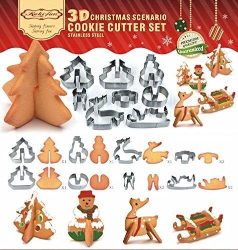 Fengirl 3D Christmas Scenario Cookie Cutter Set, Stainless Steel Baking Molds (Snowman, Christmas Tree, Deer and Sled)
