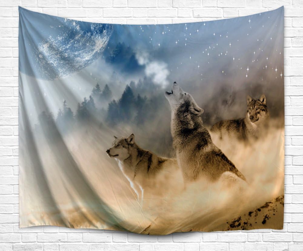 DENGYUE Howling Wolf Wall Tapestry, Three Musketeers Wolves in Desert Sandy Land Howling to Moon Wall Hanging Art Decors Tapestry for Bedroom Living Room