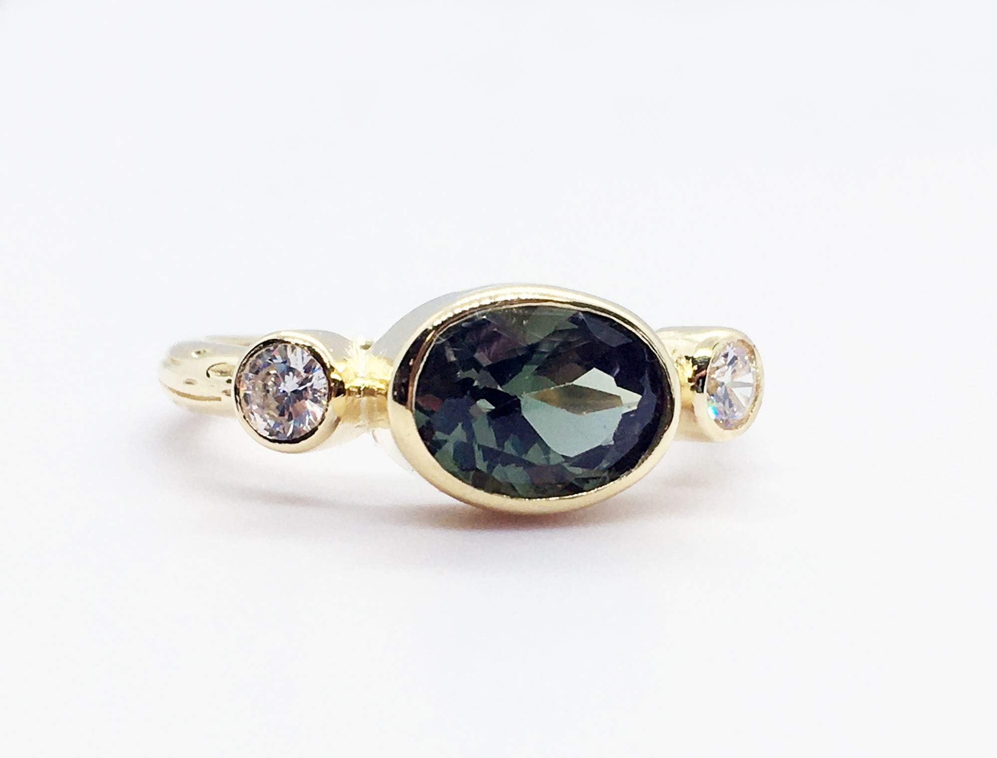 Triple Gemstones Ring - Green Tourmaline Ring - Stacking Ring - Gold Ring - Bezel Ring - Tiny Simple Jewelry