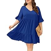 Zongqiven Women's Plus Size Dress V Neck Ruffle Sleeve Summer Swing Flowy Dress