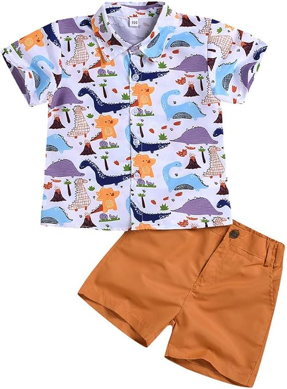 Dtuta 2pcs Ensemble Bebe Garcon Ete Chemise De Feuillesmotif Dessin Animalier De Dinosaure A Manches Courtes Haut Shorts De Couleur Unie Ensemble De Plage Pour 1 5 Ans Ensembles Bebe Garcon 0 24m