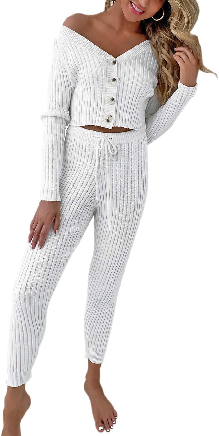 Cosygal Women's Casual Knit 2 Piece Outfit Long Sleeve Sweater Pullover Crop Top and Shorts Pants Jumpsuit Skirts Dress…