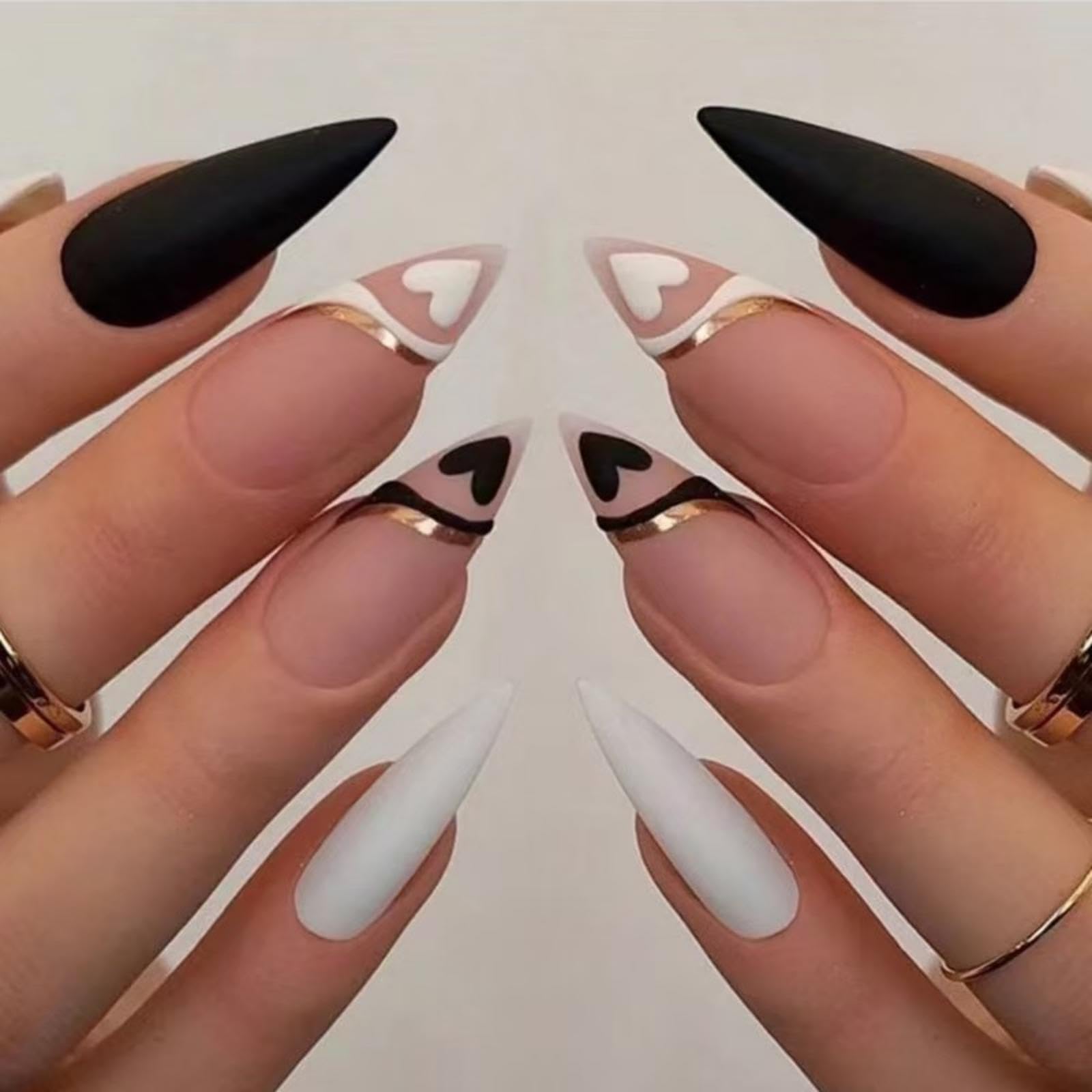 Love Press on nails Medium Stiletto Fake Nails with Design Nude Pink Glue on nails Glossy Acrylic Full Cover Black White Soild color Stick on Nails False Nails for Women Manicure