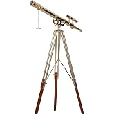 Navirock Brass Double Barrel Antique Telescope, Wooden Tripod Stand | 64x Magnification, 52mm Coated Lens, Shiny Brass &amp; Brown, 64 In. Tall, Home &amp; Office Decor, Collectible