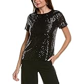 Anne Klein Womens Sequin Mesh W/Triple Mesh Ss Banded Tee
