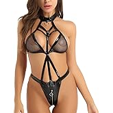 Sxglamr Women's Wet Look Lingerie Set, Backless Leather Bodysuit Metal Tassel Chain Sleepwear Clubwear