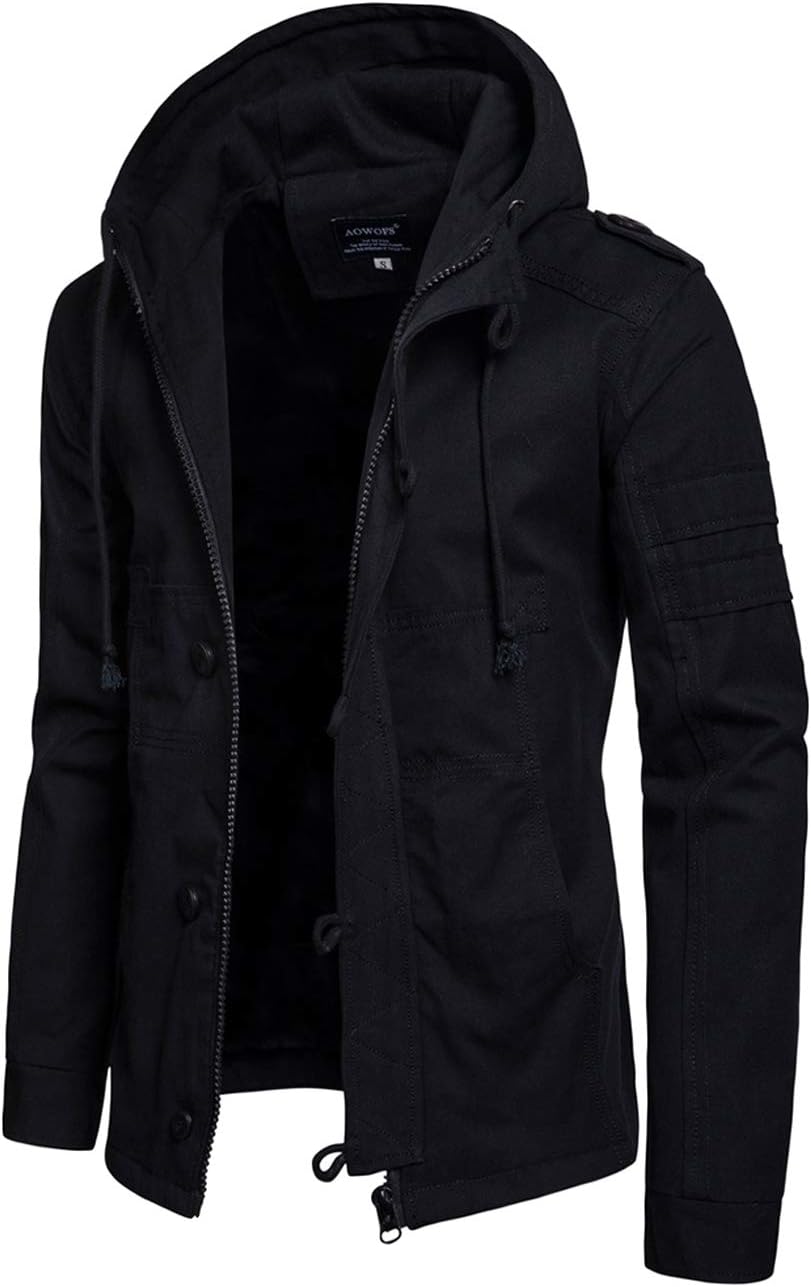 Hakjay Mens Green Military Jacket Tactical Hoodie Zip Up Coat with Pockets (Black, Medium)